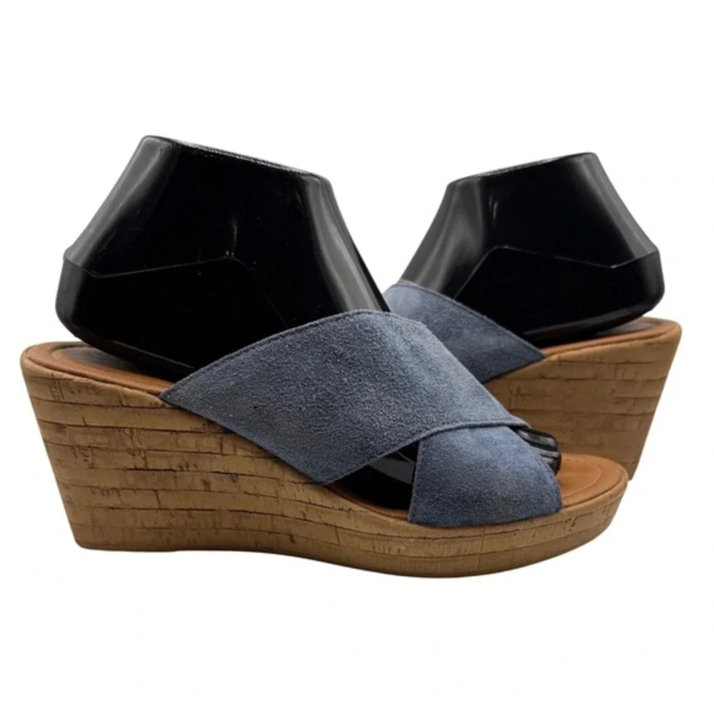 Mila Paoli Women Size 9 Blue Suede‎ Wedge Open Toe Sandals Platform Espadrille